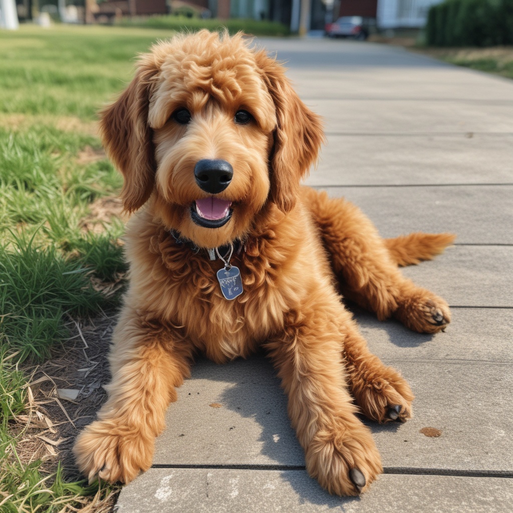 Barkley the red-haired goldendoodle sitting and smiling