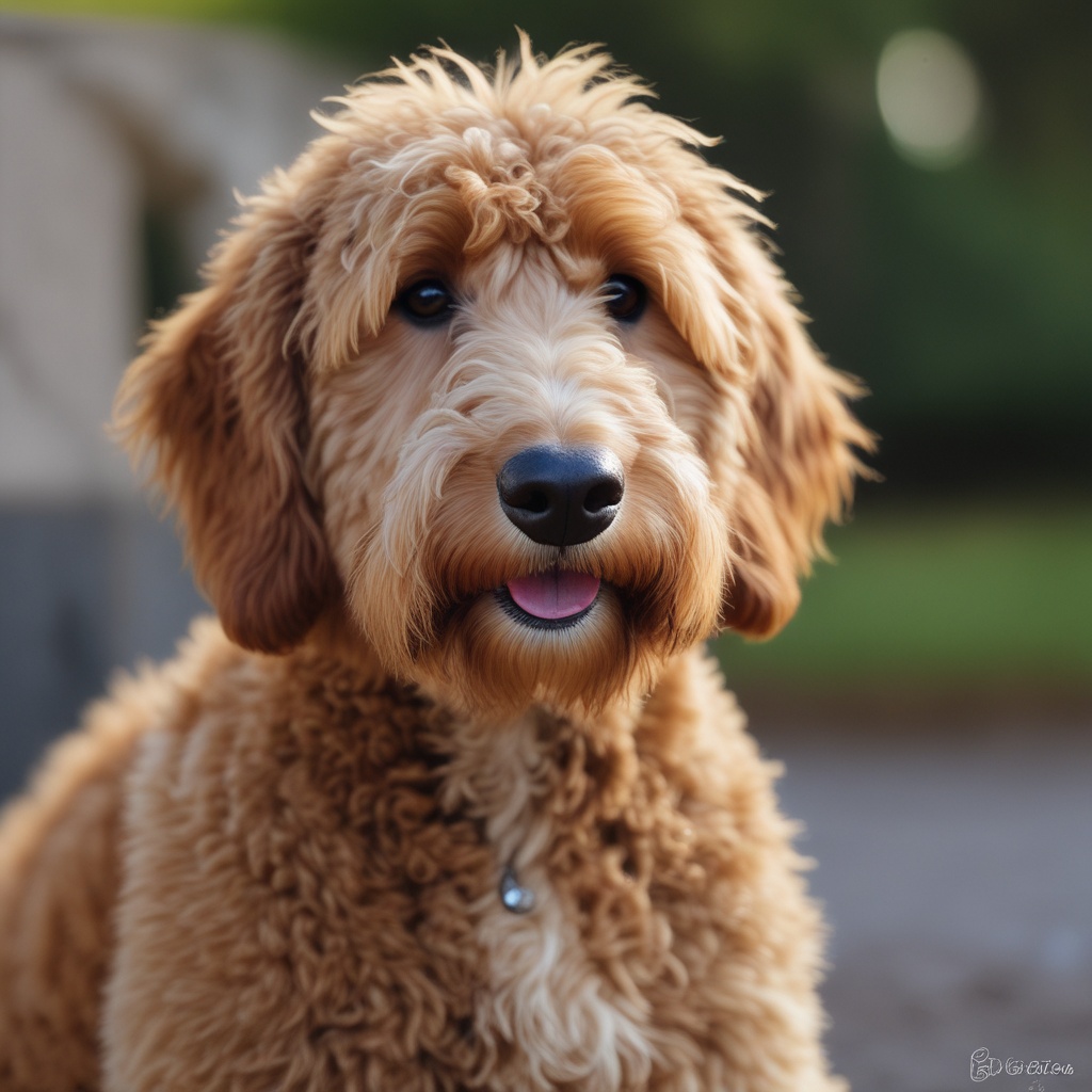 Professional portrait of Barkley, the red-haired goldendoodle
