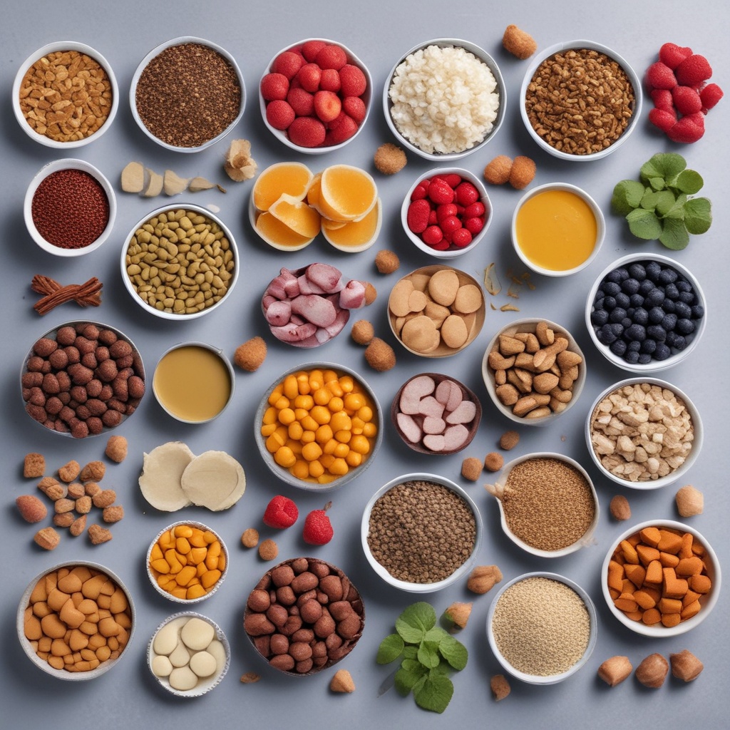 Various healthy dog food ingredients and treats arranged beautifully